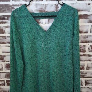 Cabi Medium Semi Sheer Top Blouse Green Floral Triangle Open Back